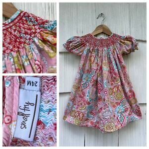 Small Fry Girls A-Line Dress Pink Floral Print Puff Sleeve Embroidered‎ Size 24M